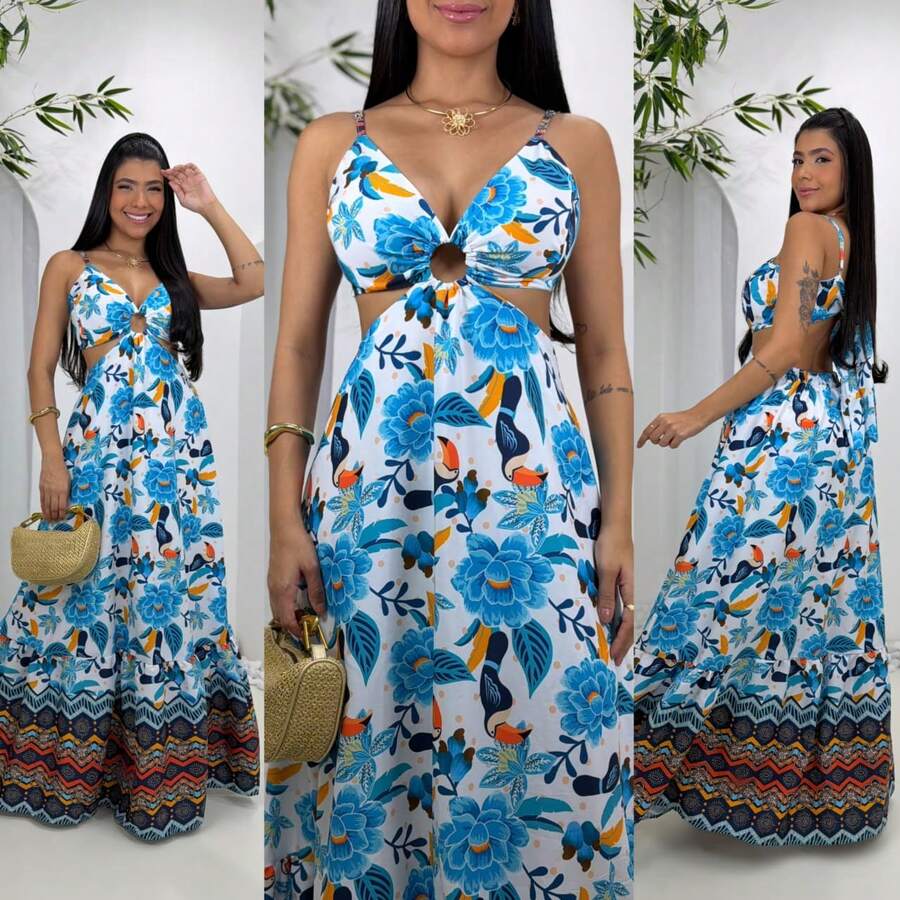 Women's Floral Long Dress, Loose Fit, Elegant, Lined, Printed - 藍圖 - 查看 1
