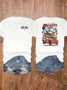 Disney (Loose Version) Women's Fun Cartoon Carprint White Cotton T-Shirt With Short Regular Sleeves, A Short-Sleeved Round Neck Casual Shirt Necessary For Lightning McQueen Car Story In Summer, Suitable For Summer And Spring, Holiday Gift Party Clothes, Ladies' Clothes. - White - View 1