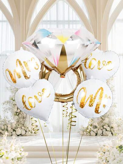 5pcs Engagement Party Decorative Balloons, Includes 18-Inch Shiny Gold Round Balloons, Heart Shaped Balloons, Gold Engagement Ring Balloons, Suitable For Gold Theme Engagement Decor, Bachelorette Party, Wedding, Bridal Shower Decorations