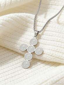 1pc St. Benedict Medal Cross Pendant Necklace, Stainless Steel Catholic Religious Jewelry, Unisex - Multicolor - View 3