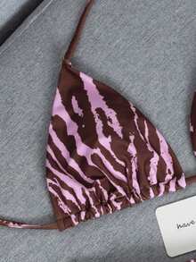 2件套2026新款时尚性感仿木纹印花比基尼泳装套装，适合泳池、海滩、度假、春夏、情人节、狂欢节派对等场合。 - 咖色粉紅色 - 查看 5