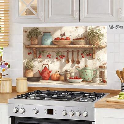 1-Piece 2D Flat Print, Vintage Kitchen Wall Decal With A Distinctive Herbal Garden Display, Designed Specifically For A Kitchen Theme. This Self-Adhesive Wallpaper Decal Is Perfect For Vintage Kitchenware And Suitable For Kitchen And Dining Areas.