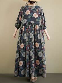 Summer 2026 Striped Dress, Women's Bohemian Casual Beach Vacation Dress. This Loose-Fitting A-Line Dress Features A Round Neck And Batwing Sleeves. - 海軍藍 4 - 查看 8
