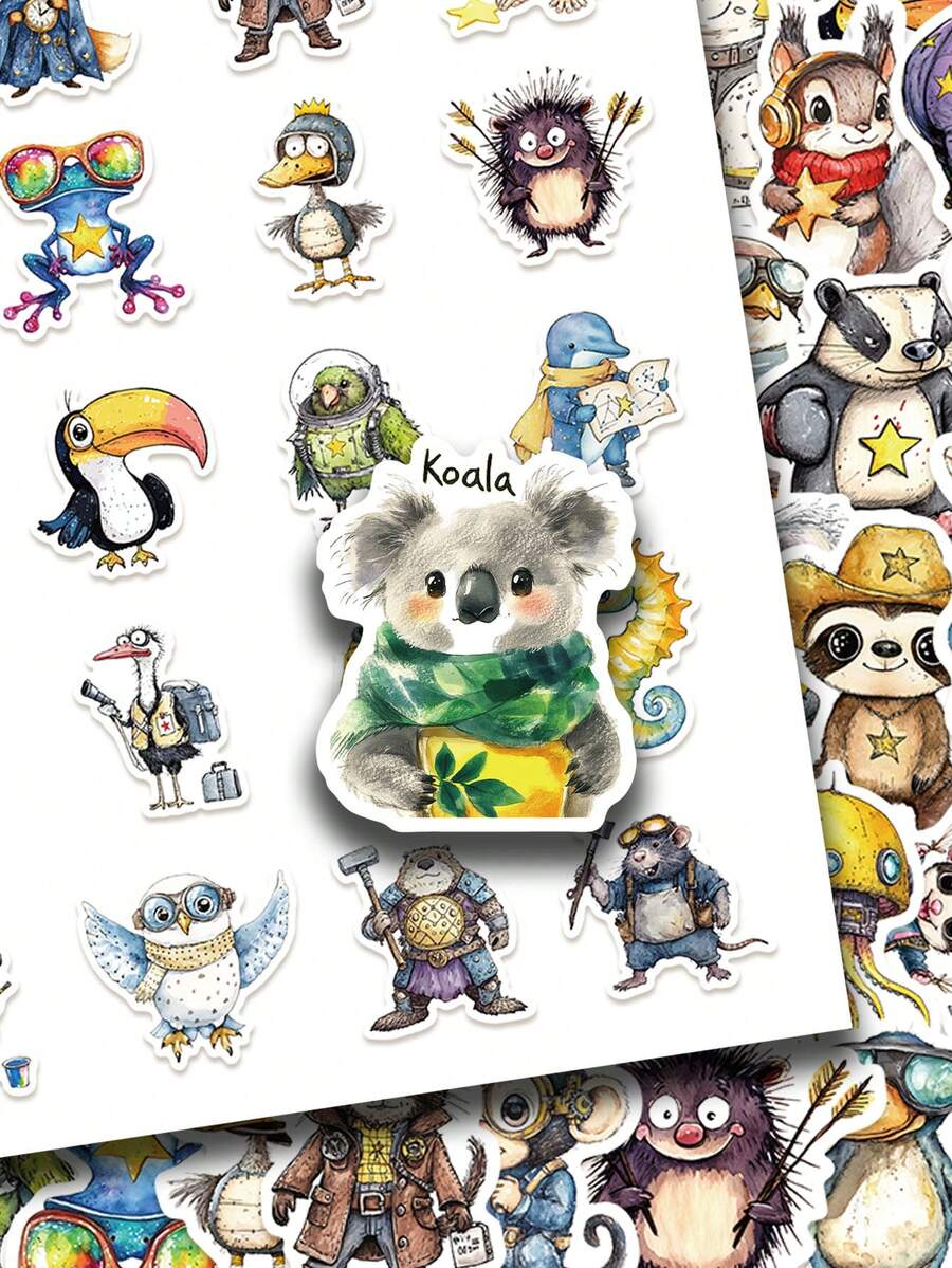 50pcs Fantasy Animal Cartoon Collage Stickers Aesthetic Vibes For Journal, Phone Case, Tablet, Water Bottle, Desk, Helmet, Bike, Luggage, Waterproof Decals - Multicolor - View 1