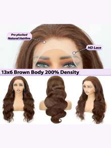 200% High Density Body Wave Wig - 13x4 HD Transparent Lace Front Virgin Human Blended Hair, Pre-Plucked Glueless Frontal Wig For Women, Voluminous Curls & Natural Look, No Glue & Ready To Wear - Brown - View 9
