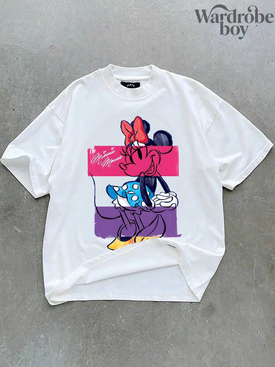 Disney Printed T-Shirt,Disney Colorful Minnie Pattern Print T-Shirt, Unisex T-Shirt, Mickey And Friends T-Shirt, Disney T-Shirt, Disney Trip T-Shirt, Unisex,High-Quality Pure Cotton T-Shirt,Suitable For All Seasons, Comfortable And Breathable| Exquisite Design | The Best Choice For Giving Gifts - 白色 - 查看 1