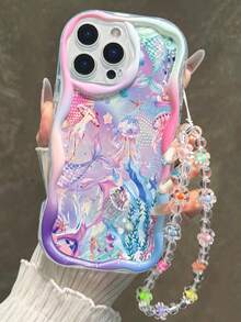 海洋生物印花奶油色波浪边手链式防震加厚手机壳，兼容 17/17Pro/17ProMax、16 XR/7/8、15 ProMax、12 ProMax、13 ProMax、14 ProMax、13、14、11、12P、14P、11P、12P、XS、XR、7/8P、7/8GES2、A13 4G、A22、A21S、A51 4G、A52、S22 Ultra、A33 5G、A34、A35、10、Note 11 4G、11 Lite、A53、A14、A23、S23 Ultra、S24、A14、A15、S23、A73、A55、A54等手机，国际版。不是国内版本 - 彩色 - 查看 2
