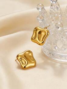 A Pair Of Titanium And Steel Hammered Irregular Square-Shaped, Unevenly Textured And Non-Fading Women's Earrings - 18k Gold-Plated High-End Women's Earrings, Fashionable And Casual Accessories, Suitable For Daily Wear And Wedding Occasions. Party Gathering - Gold - View 1