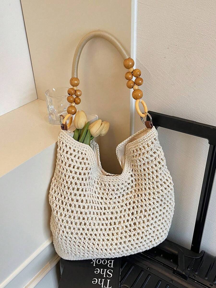 Red Woven Bag With Elegant Niche Crochet Cotton Yarn Straw Bag, New Large Capacity Underarm Bag, Vacation Style Women Handbag