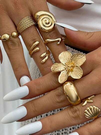 Set de 8 anillos lisos vintage, anillos personalizados con estrella de mar bohemios, anillos de moda