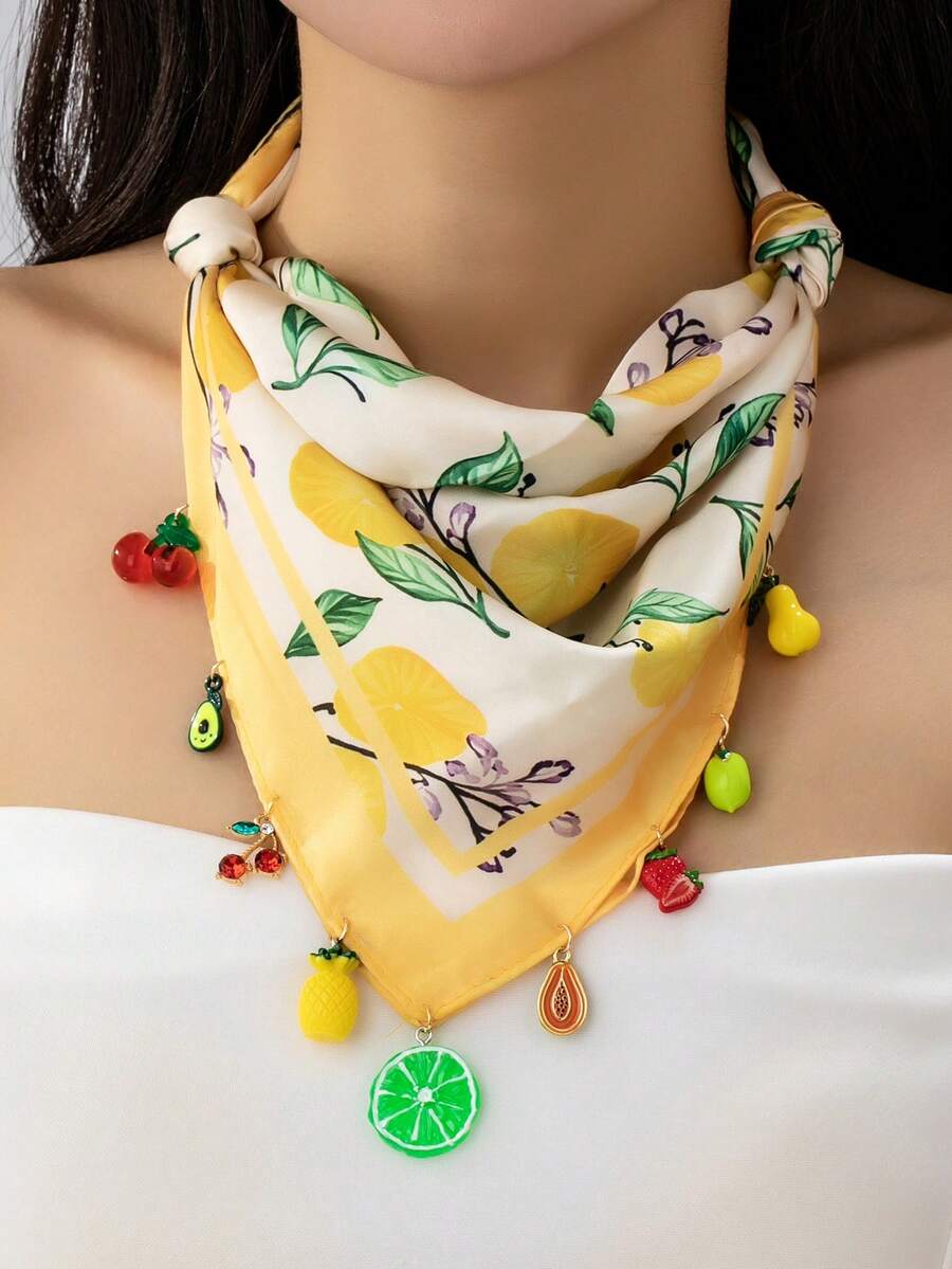 1 chiếc khăn quàng cổ phong cách Bohemian mùa hè với mặt dây chuyền hình trái cây, khăn quàng cổ in hình chanh, khăn yếm kiểu dáng nổi bật với mặt dây chuyền hình quả anh đào, trang sức phong cách nghỉ dưỡng dành cho nữ. - vòng cổ mặt dây chuyền hình trái cây cho kỳ nghỉ - Xem 1