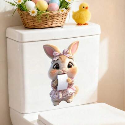 1-2张趣味可爱兔子高地牛厕所贴纸，可爱动物抱着卫生纸卷图案，可移除防水乙烯基贴纸，适用于浴室、马桶盖、水箱和墙面装饰