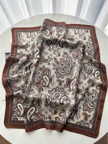 1pc 70*70cm Women's Bohemian Style Square Silk Scarf, Women's Satin Printed Headscarf, Neckerchief, Headband, Fashion Women's Shawl, Scarf - Coffee Brown - View 3