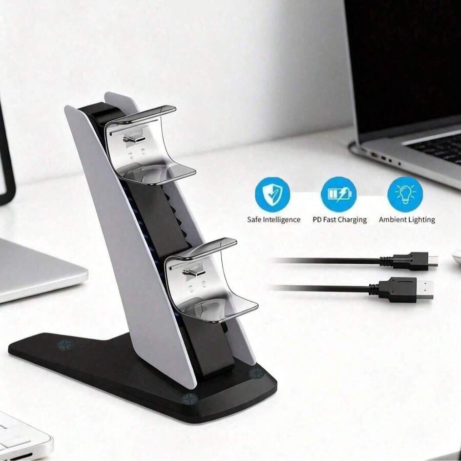 PS*5 DualSense Controller Charging Station, Airplane Seat Style Dual Charger Stand With PD Fast Charging, LED Ambient Light & Intelligence Protection, Compatible With Pl/Ay/Sta/Tion /5 Controllers - Black and White - View 1