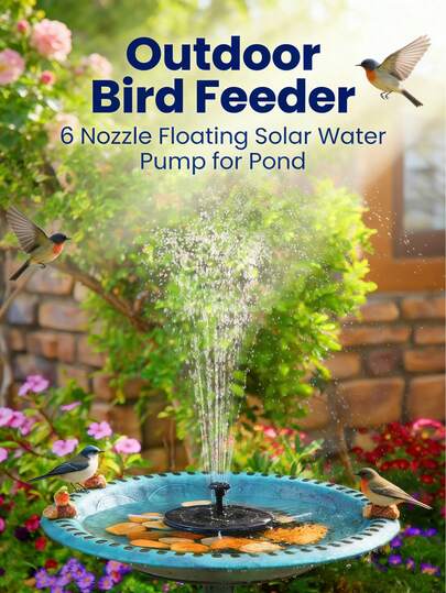 1pc Solar Powered Fountain Pump, Solar Powered Bird Bath Lotus Flower Fountain Pump With 6 Nozzles, Suitable For Bird Bath, Garden, Pond, Swimming Pool, Gardening Decor