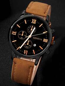 4pcs/Set Minimalist Business Men's Quartz Watch Set, Including Black Metal Band Black Dial Multifunctional Chronograph Quartz Watch, Silver Metal Band Black Dial Multifunctional Chronograph Quartz Watch, Black Leather Band Minimalist Quartz Watch, Brown Leather Band Multifunctional Chronograph Quartz Watch - Multicolor - View 7