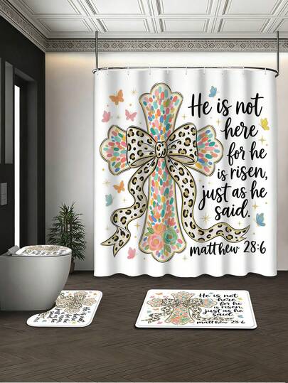 4件套防水防霉速干涤纶浴室帘套装，72x72英寸，豹纹印花，蝴蝶结，马太福音28:6图案，包含浴帘、地垫、U型马桶盖套和12个免费挂钩，适用于家庭、公寓、宿舍。[复活节浴帘]