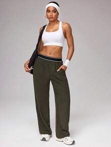 Women's Loose Fit Wide Leg Track Pants, Solid Color High Waist Athletic Pants With Contrast Waistband, Casual Outdoor & Loungewear Bottoms, Minimalist Stylish Activewear For Teens, Juniors & Adults, Ideal For Spring & Summer - 卡其色 - 查看 4
