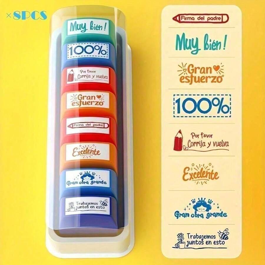 1PC Complete Self-Inking Press Teacher Stamp Set, Durable Handle Multi-Color Switchable, Motivational Phrases For Homework Grading, Positive Classroom Reinforcement, Creative Pattern Combinations - 1 Set - View 1