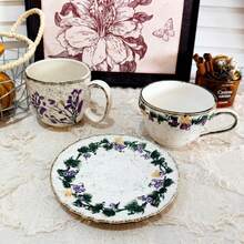 French Retro Grape Vine Embossed Ceramic Cup And Saucer Set, Shallow Embossed Craftsmanship, Unique Pattern Design, Coffee Cup And Saucer, Afternoon Tea Cup And Saucer, Beverage Cup, Latte Cup, Snack Plate, Suitable For Daily Use, Home, Restaurant, Cafe, Suitable As A Gift - Multicolor - View 8