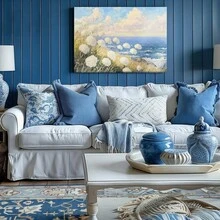 1pc Blue Summer Wall Art, Beach Decor, Ocean Framed Wall Art, Wrapped Canvas Poster Vintage Prints, Field Of Flowers, Ocean Waves, Natural Landscape - Botanical, Realistic Painting,  Atmosphere, Detailed Naturalism Style, Perfect Gift Decor, Wall Art for Living Room Bedroom Office, Hanging Hardware Included - Wrapped Framed Canvas, Horizontal - Lienzo enmarcado - Ver 5