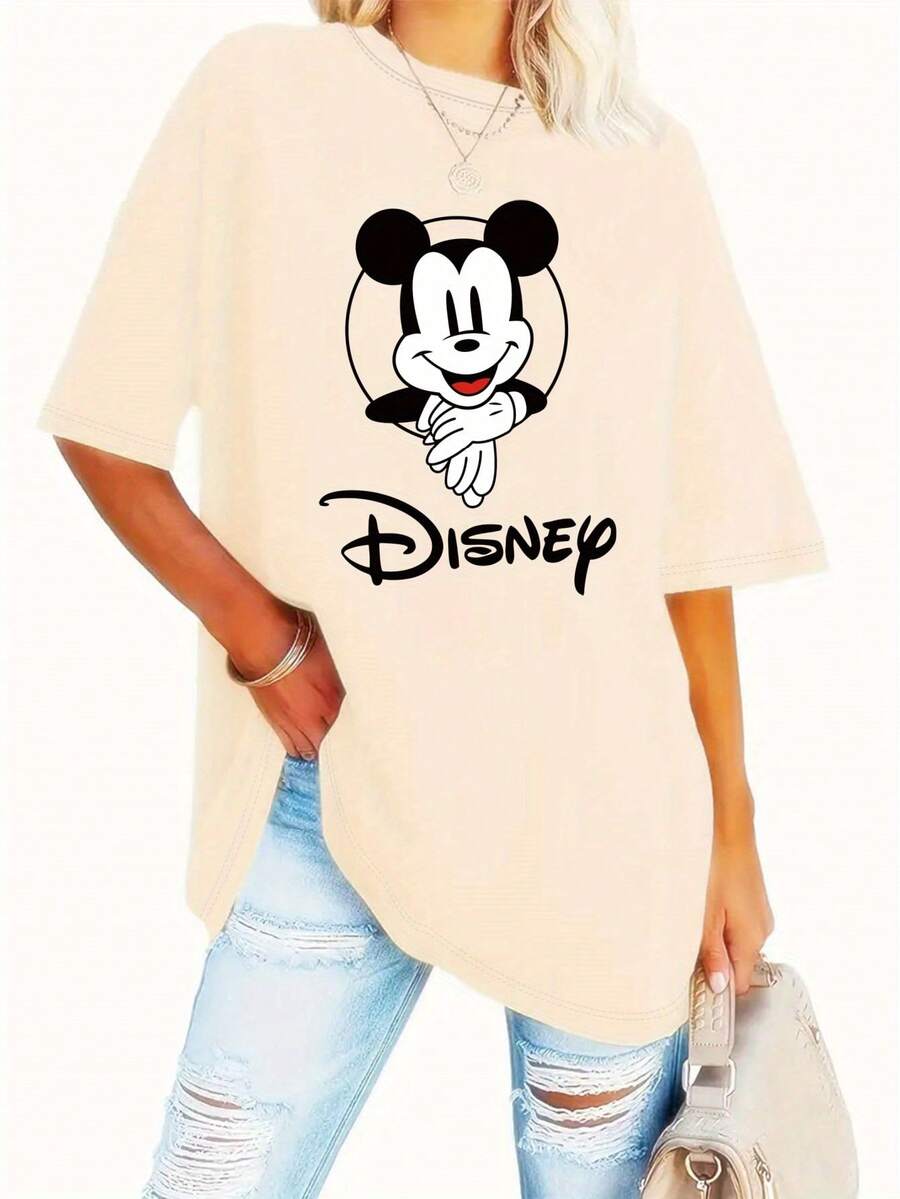 Mickey Mouse, Disney Logo, Disney T-Shirt, Graphic Tee, Casual T-Shirt, Crew Neck, Short Sleeve, Women's Top, Oversized Fit, Spring Summer, Daily Wear, Cute Style, Disney Merch, Retro Cartoon - 杏色 - 查看 1