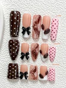 10Pcs Retro Style Polygel Nail Set,Acrylic Press-On Nails,Black 3D Bow Nail Art Accessories,Hand-Pinched Chocolate-Colored Bean Decoration Design,Hand-Painted White Mixed With Brown Polka Dots,Brownish-White Shading,Pink And Brown Nail Polish,Summer Nail Art Set,Comes With Nail Tools(1 Sheets Jelly Stickers+1PC Nail File)3 Sizes Available,Almond Nails,Duck Nails,Coffin Nails,Suitable For Daily, Reunion,Party,Photograph,Play,Commute Supplies Nails - 彩色 - 查看 1