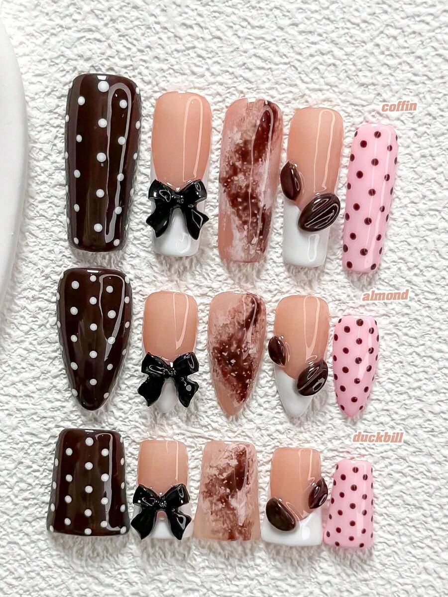 10Pcs Retro Style Polygel Nail Set,Acrylic Press-On Nails,Black 3D Bow Nail Art Accessories,Hand-Pinched Chocolate-Colored Bean Decoration Design,Hand-Painted White Mixed With Brown Polka Dots,Brownish-White Shading,Pink And Brown Nail Polish,Summer Nail Art Set,Comes With Nail Tools(1 Sheets Jelly Stickers+1PC Nail File)3 Sizes Available,Almond Nails,Duck Nails,Coffin Nails,Suitable For Daily, Reunion,Party,Photograph,Play,Commute Supplies Nails - 彩色 - 查看 1
