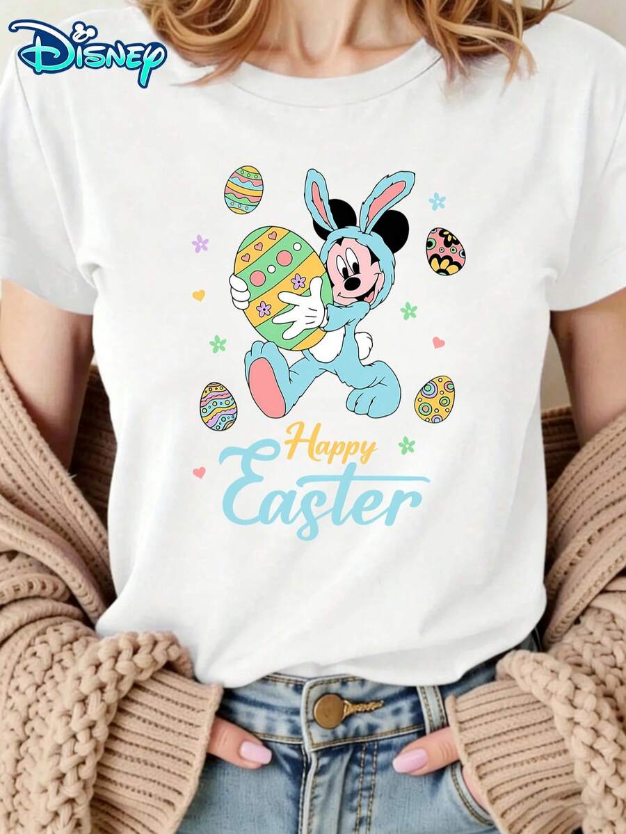 Disney Women's Mickey Mouse "Happy Easter" Bunny Outfit Holding Egg Short-Sleeved T-Shirt - Easter Egg & Typography Theme Round-Neck Top, Soft Cotton Breathable Fabric, Summer Casual Style, Suitable For Easter Celebrations - 白色 - 查看 1