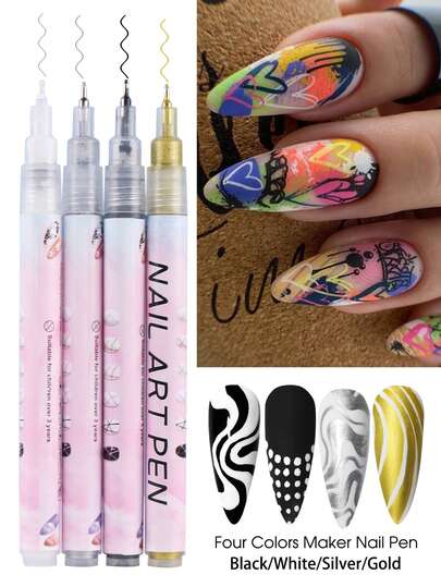 4支装 0.5mm 超细美甲笔 DIY 黑白银金美甲绘图笔 用于涂鸦和美甲设计 多色手绘点状花朵钩线美甲笔