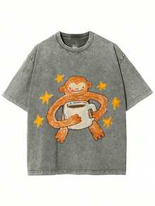 Monkeys Drinking Coffee Printed T-Shirt | High-Quality Batik Retro Fashion Brand, Unisex, Casual Style, Crew Neck, Fla Hem, Short Sleeves, Perfect For Daily Wear And Holiday Gifts Unisex Vintage Washed Cotton Short Sleeve T-Shirt,Vintage Washed Tee,Gender Neutral Faded Easter Egg Graphic Crew Neck Tee - Màu xám đen - Xem 1