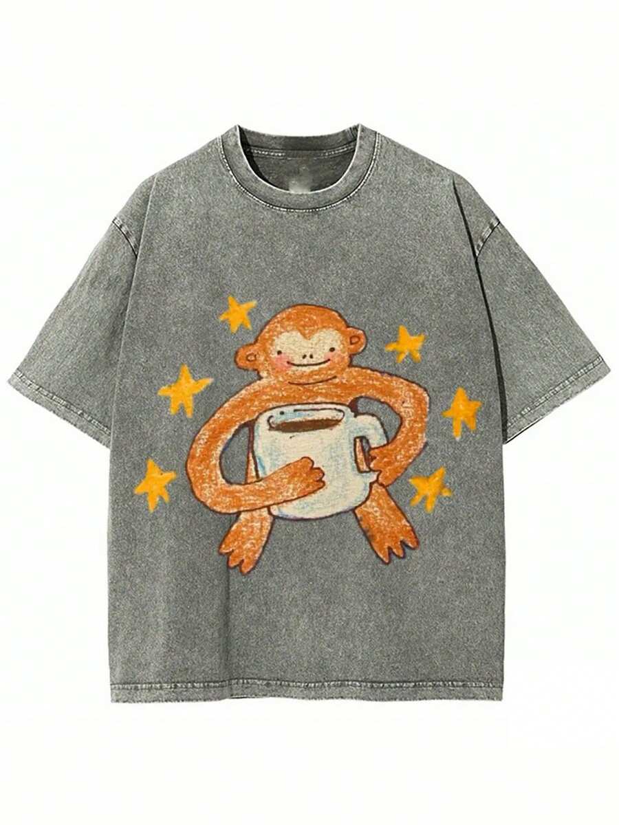 Monkeys Drinking Coffee Printed T-Shirt | High-Quality Batik Retro Fashion Brand, Unisex, Casual Style, Crew Neck, Fla Hem, Short Sleeves, Perfect For Daily Wear And Holiday Gifts Unisex Vintage Washed Cotton Short Sleeve T-Shirt,Vintage Washed Tee,Gender Neutral Faded Easter Egg Graphic Crew Neck Tee - Màu xám đen - Xem 1