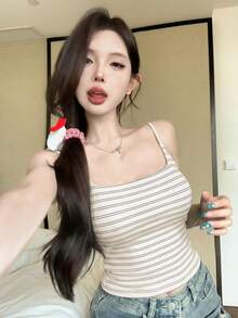 Retro Striped Camisole Top With Built-In Bra Padding, Cropped & Slim Fit, European & American Style - White Background With Black Stripes - View 3