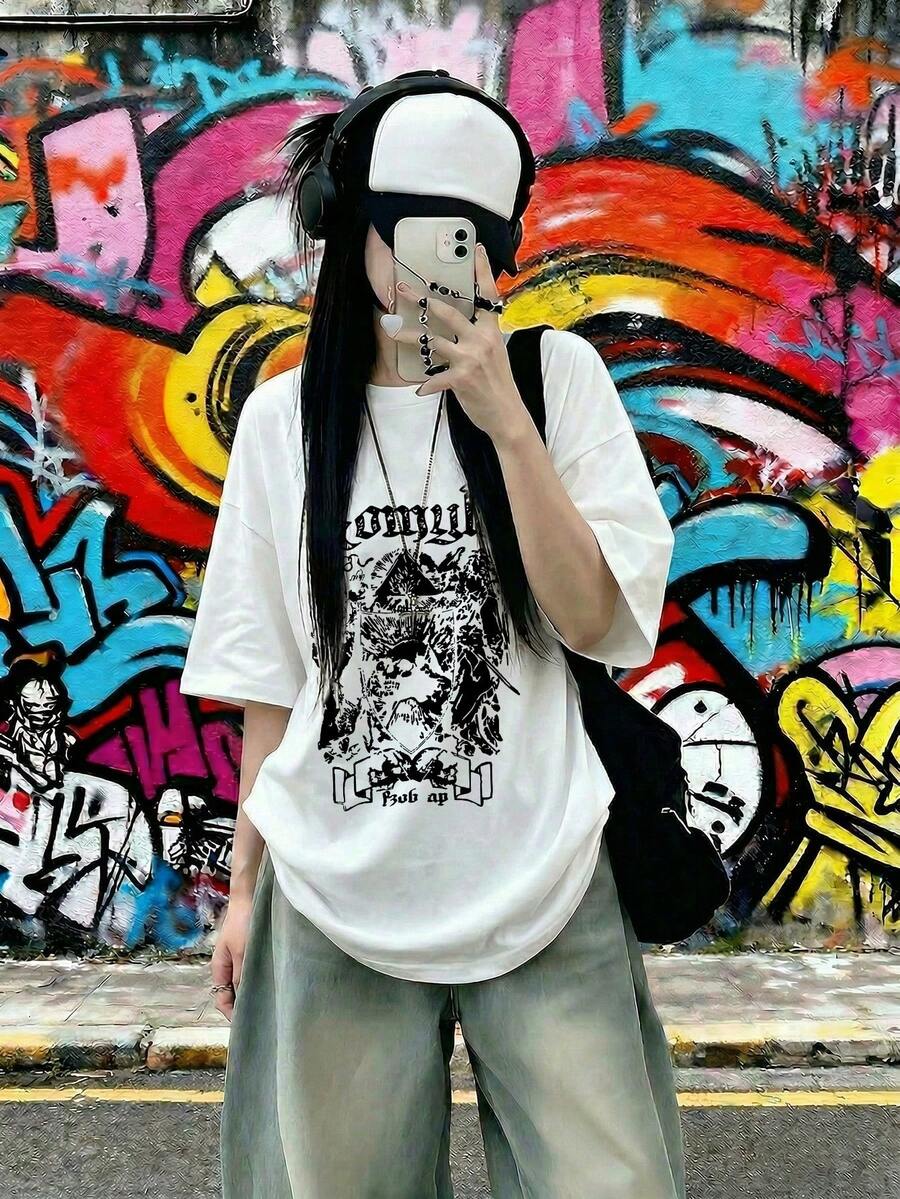 女士夏季新款字母骷髅印花圆领宽松休闲百搭T恤 白色
