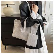 2pcs/Set Large Capacity Corduroy Tote Bag Set, Light Gray/Pale Blue/Caramel Brown, Retro Vertical Stripe, Casual Shoulder Bag And Handbag, Open Top, Big Size, Multi-Pocket, Daily Commute, School, Shopping, Short Trip, Soft Durable Corduroy, Comes With Coin Purse, Fits 13-Inch Laptop, Korean Ins Style, All Season, Fashionable & Practical Women Tote Bag, Student, Office Worker - Multicolor - View 5