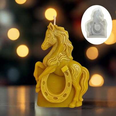 1pc Horseshoe Horse Shape Scented Candle Silicone Mold Standing Horse Candle Mold Horseshoe Ornament Horse Relief Resin Plaster Mold Cement Concrete Mold Home Decoration Gift