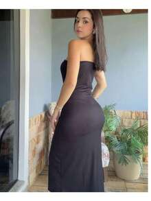 Aruana Ribbed Midi Dress In Various Colors, Strapless With Side Slit – Body-Hugging Fit - Black - View 3