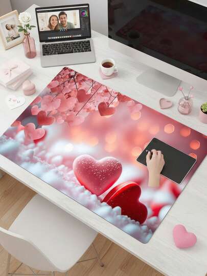 Large Size Waterproof Non-Slip Smooth Fabric Mouse Pad With Dreamy Heart & Cherry Blossom Pattern, Suitable As Keyboard Pad, Desk Mat Or Book Stand For Gamers, Office And Dorm, Compatible With Mouse And Trackball