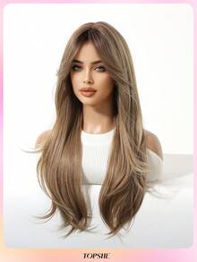 TOPSHE 24英寸摩卡棕色多层自然波浪中分合成耐热假发，适合度假、旅行、化装舞会、节日、日常佩戴、音乐节、婚礼、节日礼物 - 摩卡棕 - 查看 2