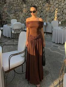 2026春夏新款优雅法式风日常/通勤长裙、沙滩裙、度假裙、复古裙、商务休闲装、通勤裙、办公室着装、节日着装、生日派对裙、棕色连衣裙、露肩连衣裙 - 棕色 - 查看 7