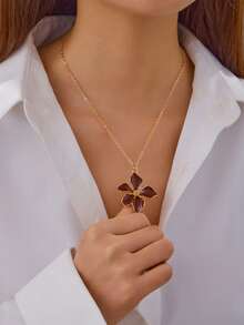 1pc Fashion Teardrop Glazed Pink & Red Flower Pendant Necklace, Burgundy Flower Charm Necklace, Daily Wear Accessory For Women - Multicolor - View 15