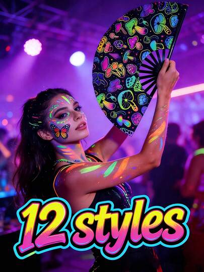 1把【变色派对必备】男女通用发光大折扇，酷炫竹节折扇，万圣节装饰，荧光彩色蝴蝶蘑菇图案折扇，功夫扇，高品质面料夏季必备扇，大号折叠手扇，适合舞台表演、派对、舞蹈，也是节日和生日的绝佳礼物，春夏精选，伴娘礼物，房间、卧室装饰，海滩、旅行，男女皆宜，度假必备，可爱小物