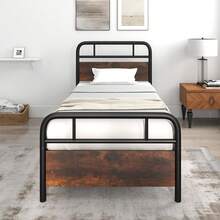 COSTWAY Single Bed Frame With Industrial Headboard, Brown - Black - View 7