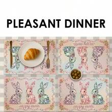 4pcs Easter Theme Placemats, Cute Rabbit Pattern With Diamond Elements And Floral Design, Suitable For Party Dining And Easter Decoration. Size: 30x45cm, Applicable For Seasonal Home Decor, Holiday Table Decor, Farmhouse Style, Washable And Durable. An Ideal Gift Choice. - Multicolor - View 6