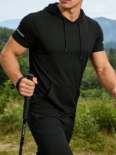 Men's Hooded Drawstring Short Sleeve Shirt, Outdoor Hiking, Sports, Fitness, Comfortable Breathable Quick-Dry Activewear