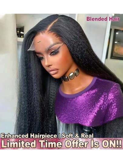 13x4 34英寸 Yaki 直发蕾丝前假发，自然发际线和婴儿发 - 200% 密度透明高清蕾丝前假发，混合发质，无需胶水 - 耳到耳巴西原生人发混合假发，前蕾丝无胶，自然黑色 - 预漂白、预拉直、预熨烫蕾丝闭合假发 - 打造女性自然妆容