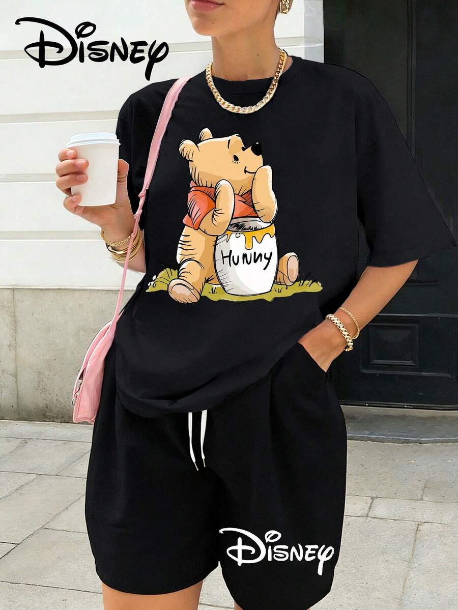 Disney Women's Summer Short Sleeved Shorts Two-Piece Set, Suitable For Both Sports And Leisure, Suitable For Daily Outdoor Wear, Featuring A  Themed Teddy Bear Print Design - màu đen - Xem 1
