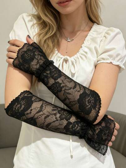 1 Pair Sweet Lace Fingerless Long Arm Sleeves, Thin Breathable UV Protection, Stretchy Sexy Cover Tattoo Driving Arm Sleeves