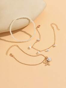 3pcs/Set White Stone Tassel Starfish Shell Pendant Gold Anklet, Multilayer Beach Jewelry Suitable For Daily Wear And Vacation - Multicolor - View 3