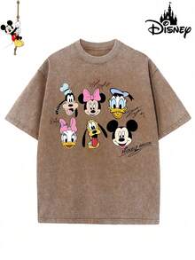 Disney Printed Wash Water T-Shirt,Disney Mickey And Friends Printed Pattern T-Shirt,Unisex,High-Quality Pure Cotton T-Shirt,Suitable For All Seasons, Comfortable And Breathable| Exquisite Design | The Best Choice For Giving Gifts - 卡其色 - 查看 2